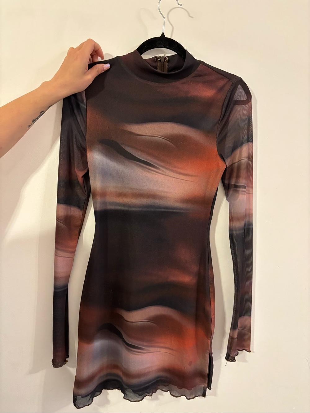 White Fox Boutique Brown & Black Swirl Mesh Mini Dress
